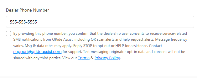 Dealership consent language displayed during QRide Assist user setup